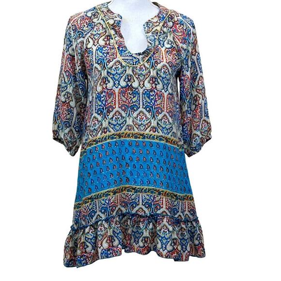 Tolani blue/tan floral/paisley silk tunic, XS, colorful, artsy, effortless - Picture 1 of 6